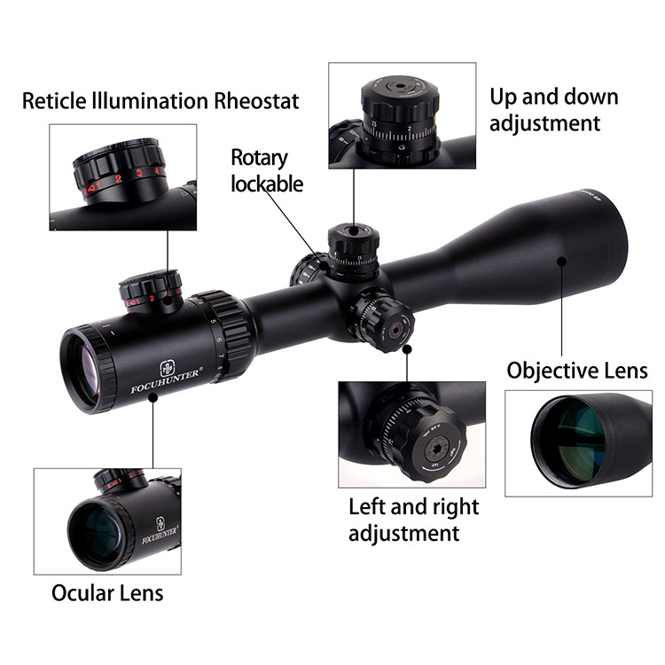 FOCUHUNTER 4-24x50 Rifle Scope with Red Green Illuminated Glass Etched Glass Reticle