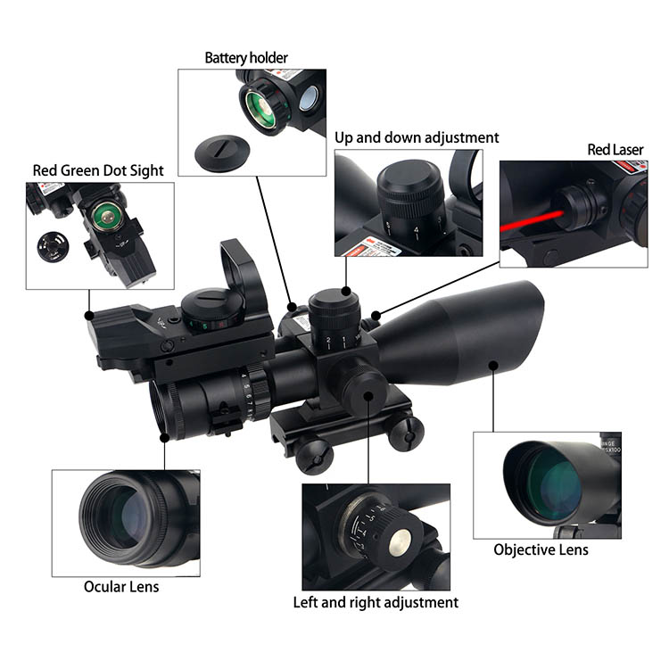2.5-10x40 Rifle Scope w/ Laser and 4 Reticle Red Dot Sight