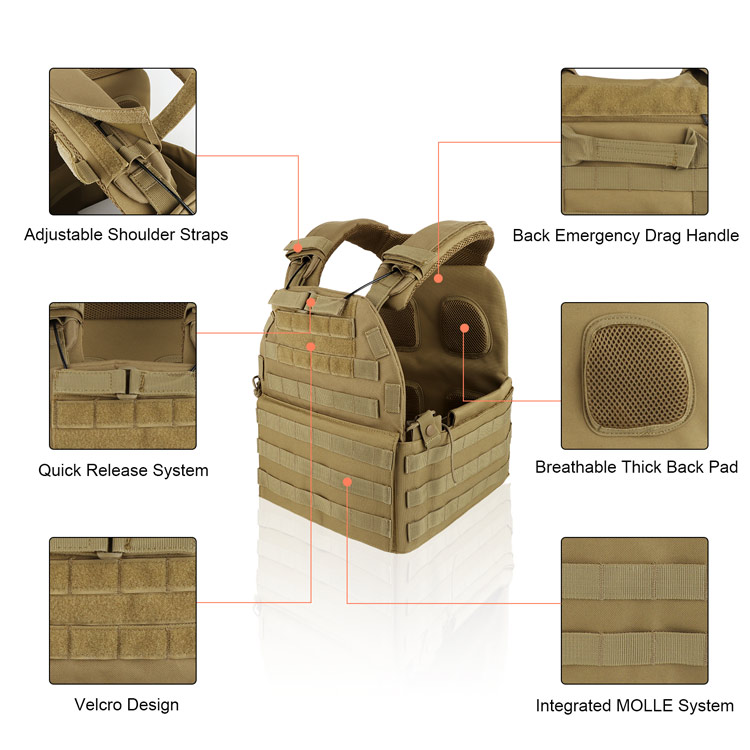 Lightweight Military MOLLE Tactical Plate Carrier Vest Coyote Brown 
